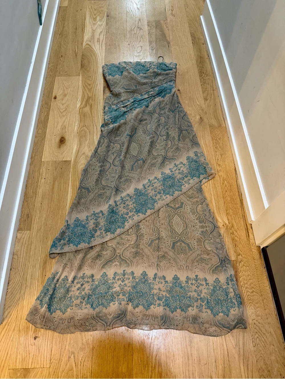 Strapless Tiered Maxi Skirt with Teal Floral Border